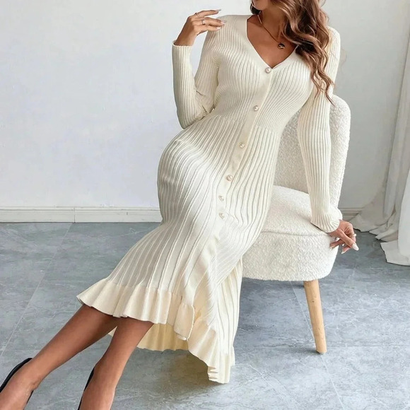 Apricot Elegant Women's V-Neck Long Sleeve Buttoned Pleated A-Line Sweater Dress - Picture 6 of 6